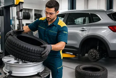 Funcionário trocando um pneu em uma borracharia