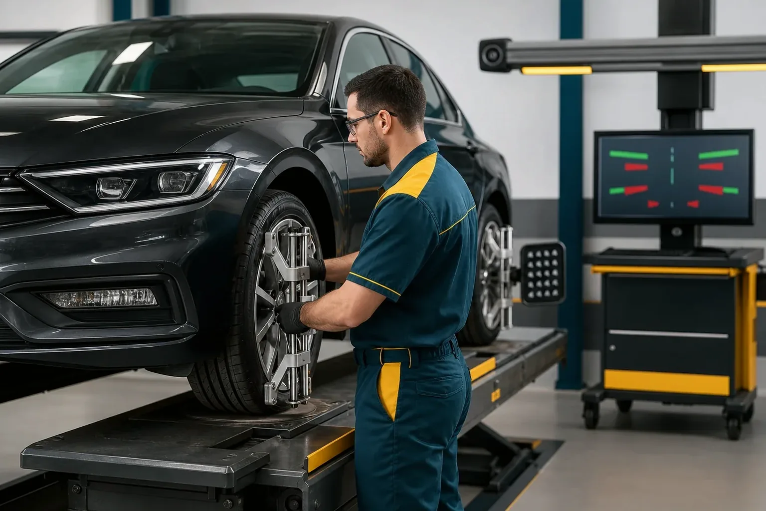 Mecânico realizando alinhamento de rodas de um carro