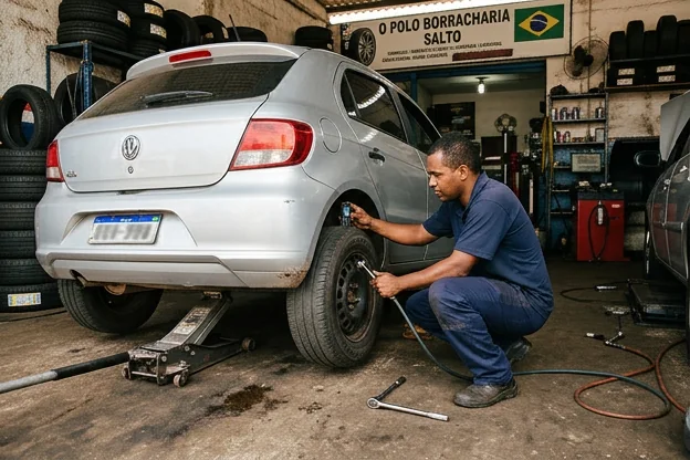 Profissional inspecionando a condição dos pneus de um carro.