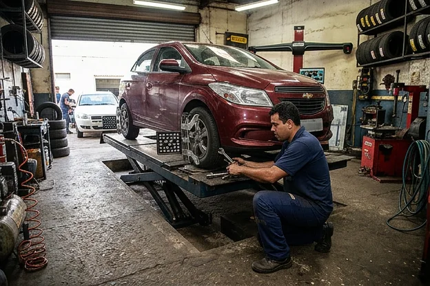 Técnico ajustando o alinhamento de rodas de um carro.