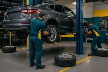 Trabalhador realizando rodízio de pneus em um carro